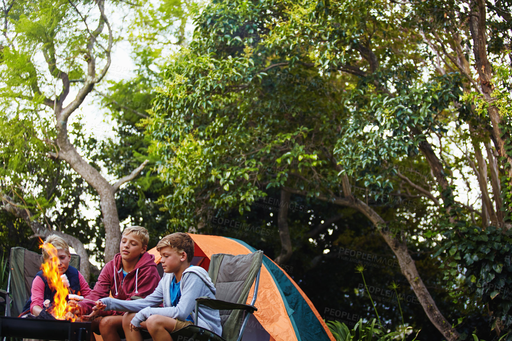 Buy stock photo Cropped shot of three young boys sitting by the campfire