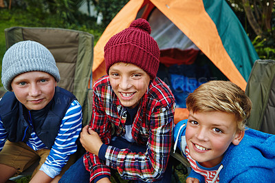 Buy stock photo Cropped shot of three young boys camping