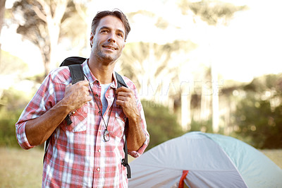 Buy stock photo Man, thinking and backpack for camping, outdoor and smile with perspective, adventure and journey in summer. Person, happy and memory with direction, back and tent for vacation with sunshine in Italy