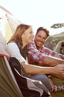 Buy stock photo Couple, camping and happy by tent, relax and holiday with memory, sunshine and bonding in countryside. People, man and woman with laughing in morning for adventure, vacation and outdoor in Argentina