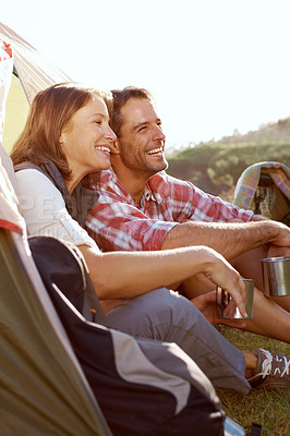 Buy stock photo Couple, camping and happy by tent, coffee and holiday with memory, sunshine and bonding in countryside. People, man and woman in morning with adventure, vacation and laughing outdoor in Argentina