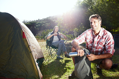 Buy stock photo Nature, couple and man with backpack for camping, adventure and explore on vacation holiday by flare. Bonding, woman and happy partner with thinking for hiking, journey or campsite by tent in morning