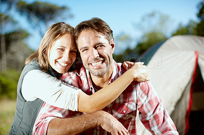 Buy stock photo Camping, hug and portrait of couple in nature with tent for outdoor holiday, vacation and adventure, Campsite, travel and happy man and woman embrace in woods, forest and countryside for bonding