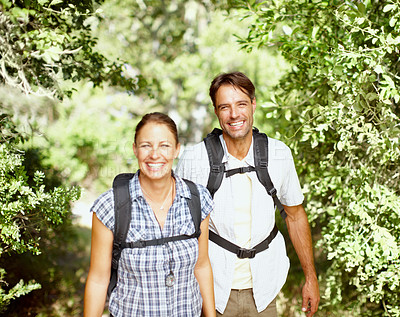 Buy stock photo Health, portrait or happy couple in nature for hiking, adventure or travel journey on break in woods. Love, smile or people in Italy to relax together for holiday vacation or trekking to explore park