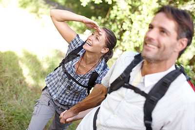 Buy stock photo Couple, view and happy in nature for hiking, fitness and adventure with bonding, love and support. Man, woman and  holding hands for exercise, health and trekking with journey, travel and walking