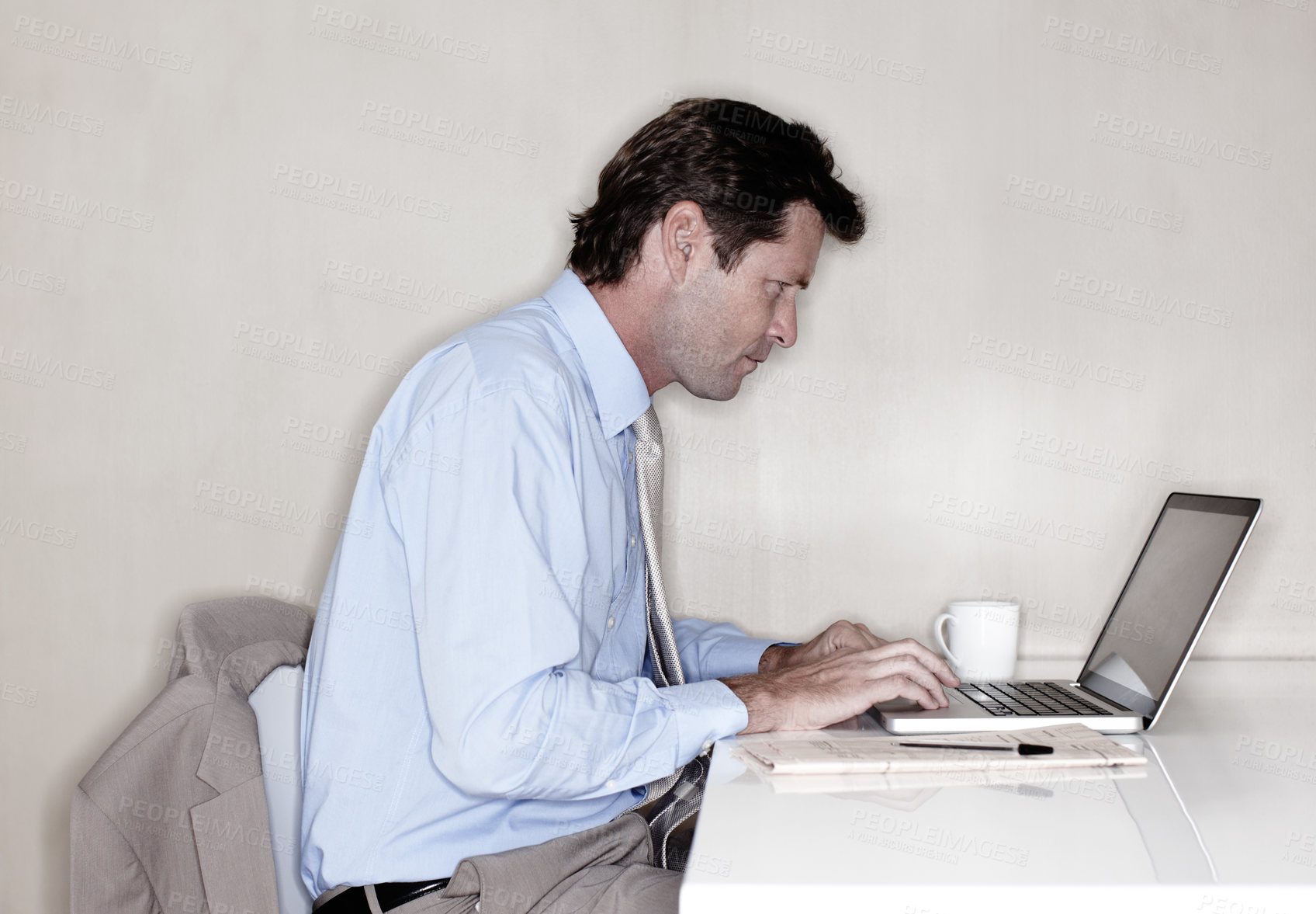 Buy stock photo Coffee, laptop and stock market with mature man in office for administration, reporting or research. Business, computer and investment with professional broker in workplace for banking or trading