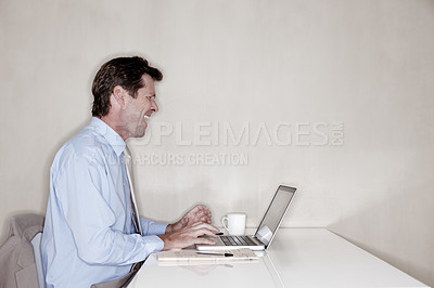 Buy stock photo Angry, business and laptop with mature man in office for administration problem or stress. Computer, investment and stock market with frustrated broker in workplace for bankruptcy or recession