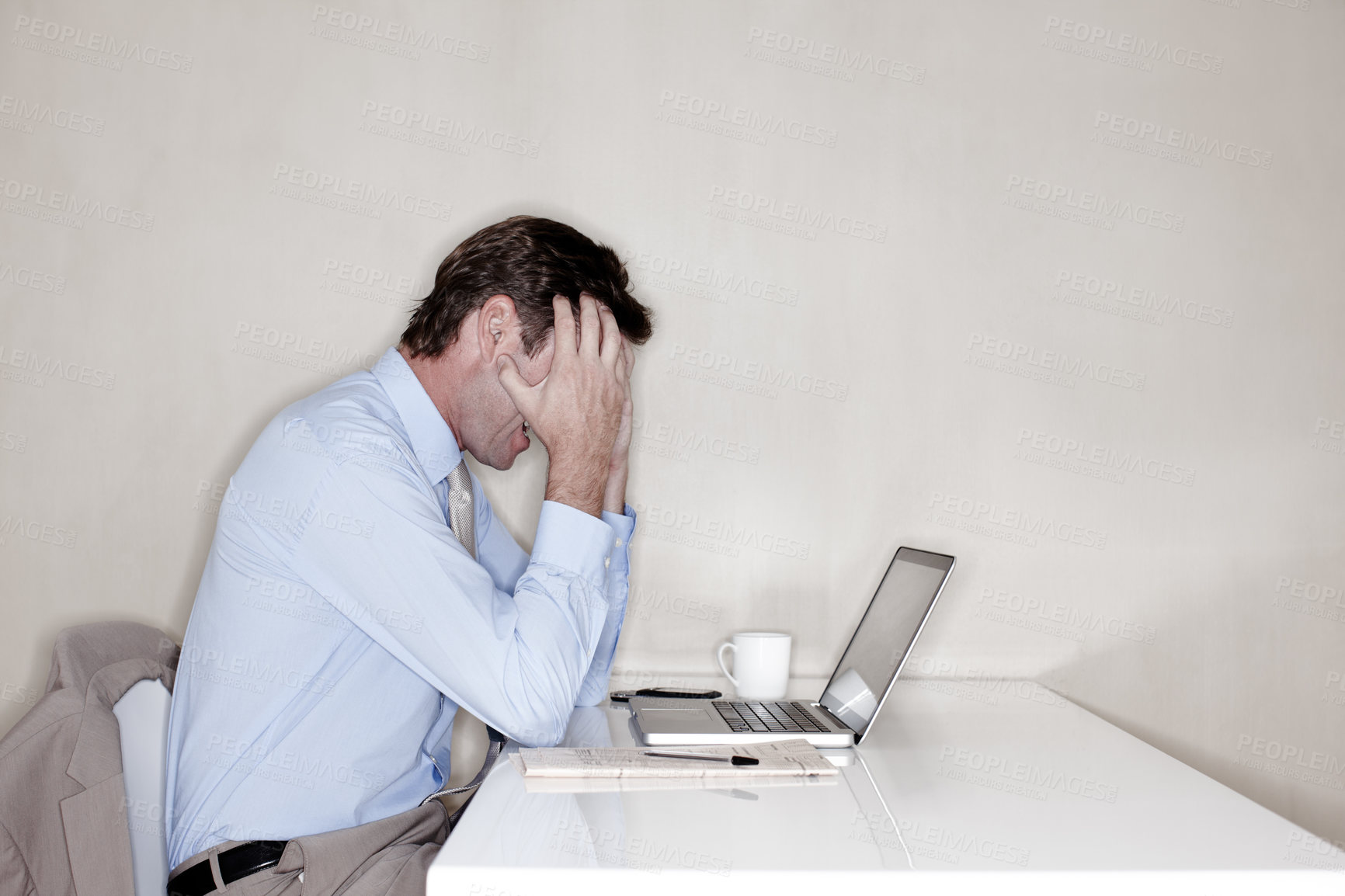 Buy stock photo Business, laptop and stress with mature man in office for administration anxiety or problem. Computer, frustration and headache with professional broker in workplace for stock market crash or trading