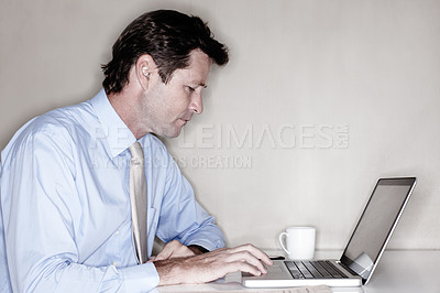 Buy stock photo Broker, coffee and laptop with mature man in office for administration, reporting or research. Computer, investment and stock market with business professional in workplace for banking or trading