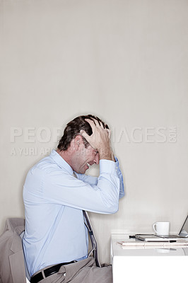 Buy stock photo Business, headache and laptop with mature man in office for administration or reporting stress. Computer, investment and mistake with frustrated broker at work for trading breakdown, fail or problem