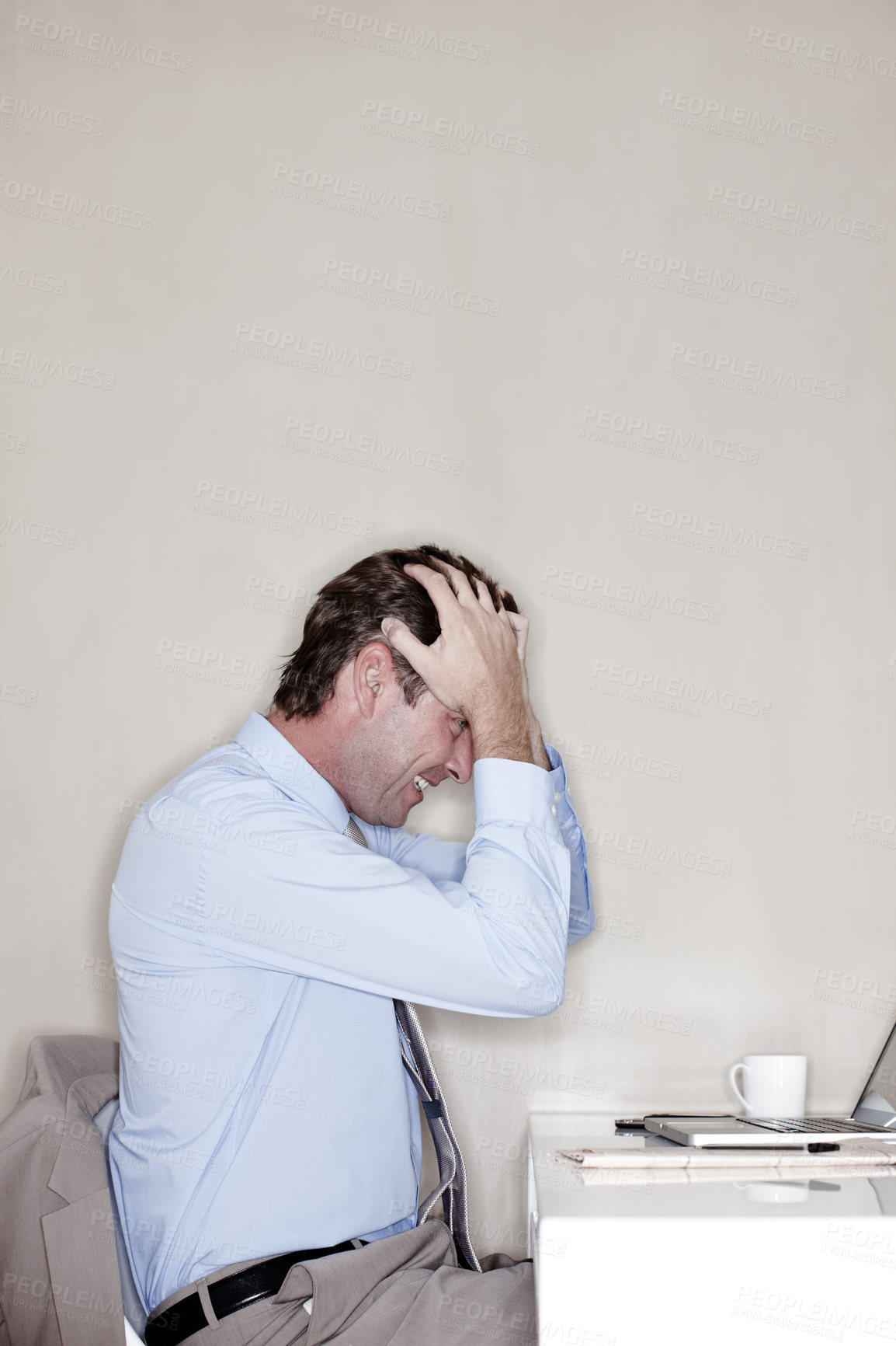 Buy stock photo Business, headache and laptop with mature man in office for administration or reporting stress. Computer, investment and mistake with frustrated broker at work for trading breakdown, fail or problem