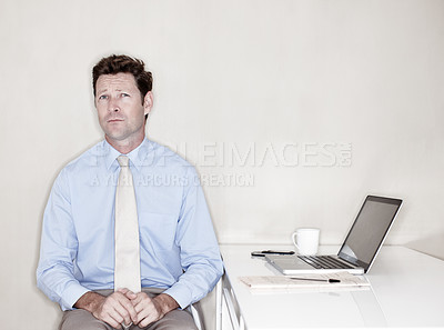 Buy stock photo Portrait, business and confused with man, laptop and solution with doubt in modern office. Person, employee and consultant with computer, technology and reaction with frown, emotions and questions