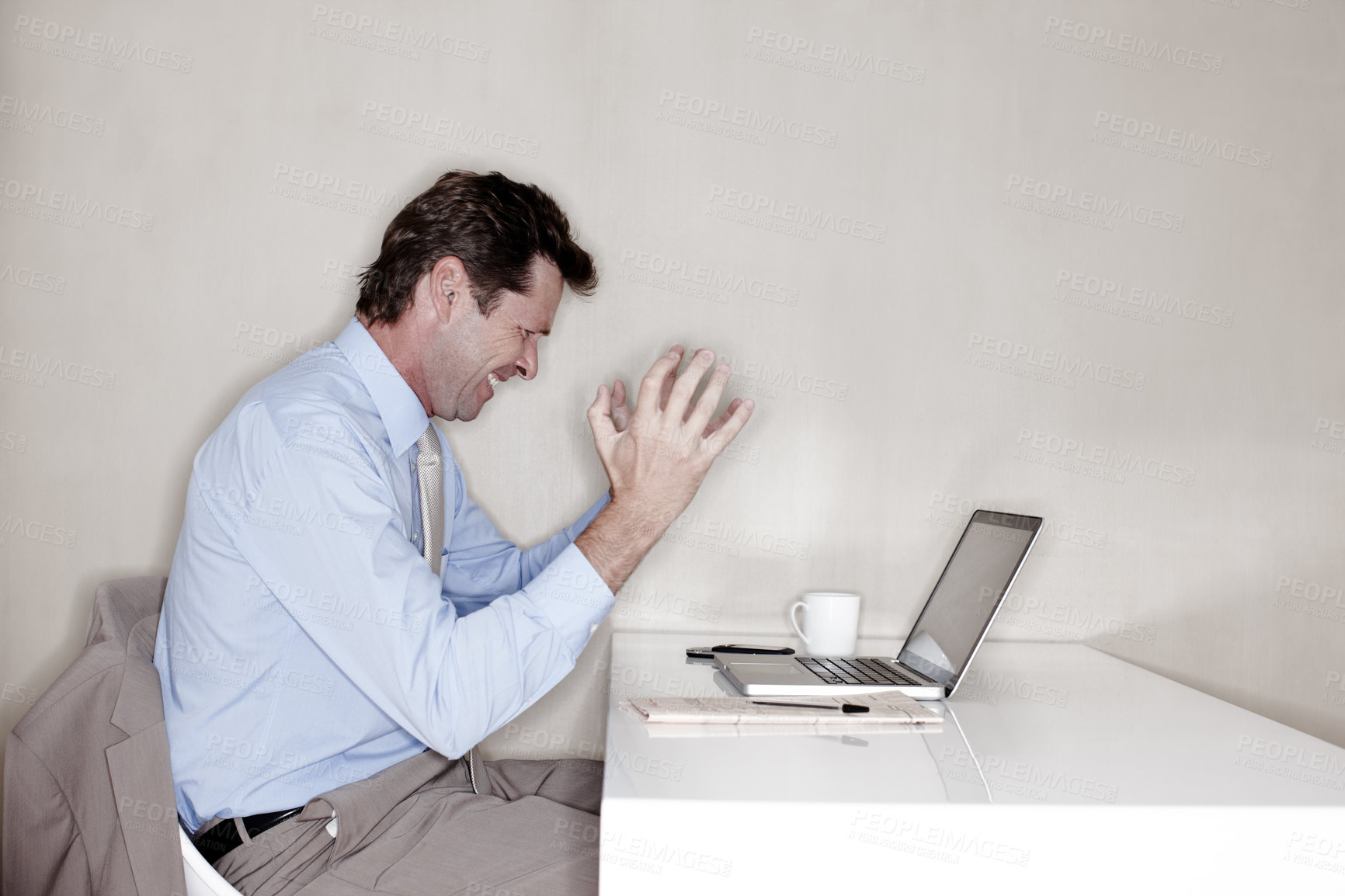 Buy stock photo Business, crisis and laptop with mature man in office for administration error, fail or mistake. Anxiety, computer and stress with professional broker in workplace for banking or stock market trading