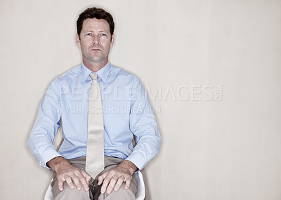 Buy stock photo Portrait, sitting and business with mature man, relax or employee on white background. Person, consulting agency or worker with corporate professional, mockup space or confidence with career ambition