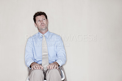 Buy stock photo Man, business and thinking on studio mockup for recruitment, doubt and anxiety for interview. Corporate person, onboarding and decision at wall space with opportunity, choice and future in company