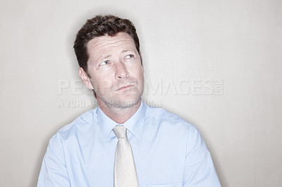 Buy stock photo Man, thinking or business at wall mockup with idea, dream or brainstorming career growth. Mature person, entrepreneur or wonder at space for future development, decision or choice for job opportunity