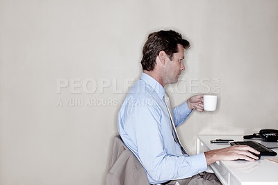 Buy stock photo Business, coffee and mockup space with mature man in office for administration, reporting or research. Drink, investment and stock market with professional broker in workplace for banking or trading