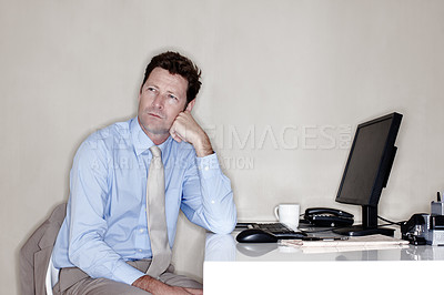 Buy stock photo Business, computer and thinking with mature man in office for administration, reporting or research. Future, investment and stock market with broker in workplace for planning or problem solving