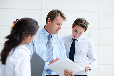 Buy stock photo Focused business executives going through documents together in an informal meeting 