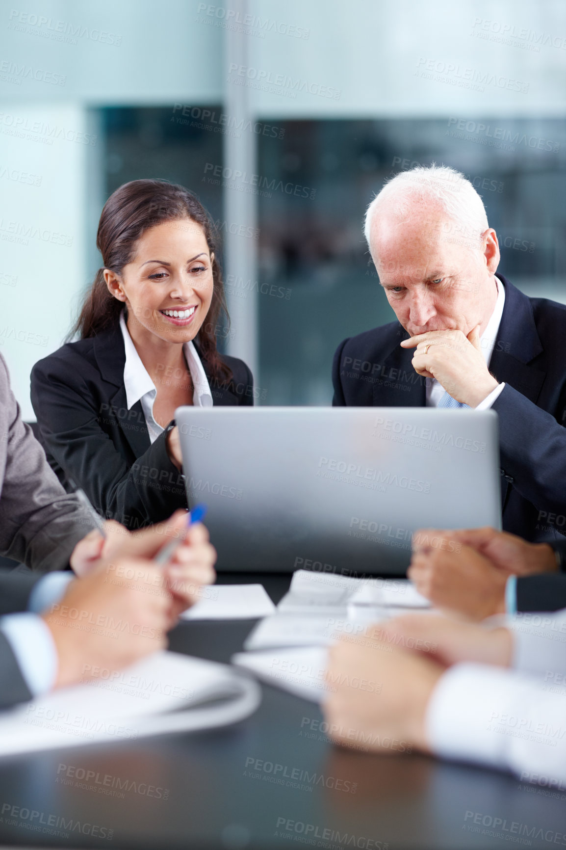 Buy stock photo Thinking, team meeting and business people on laptop for discussion, planning and problem solving. Group, computer and mature ceo brainstorming ideas, finance solution and reading email in office