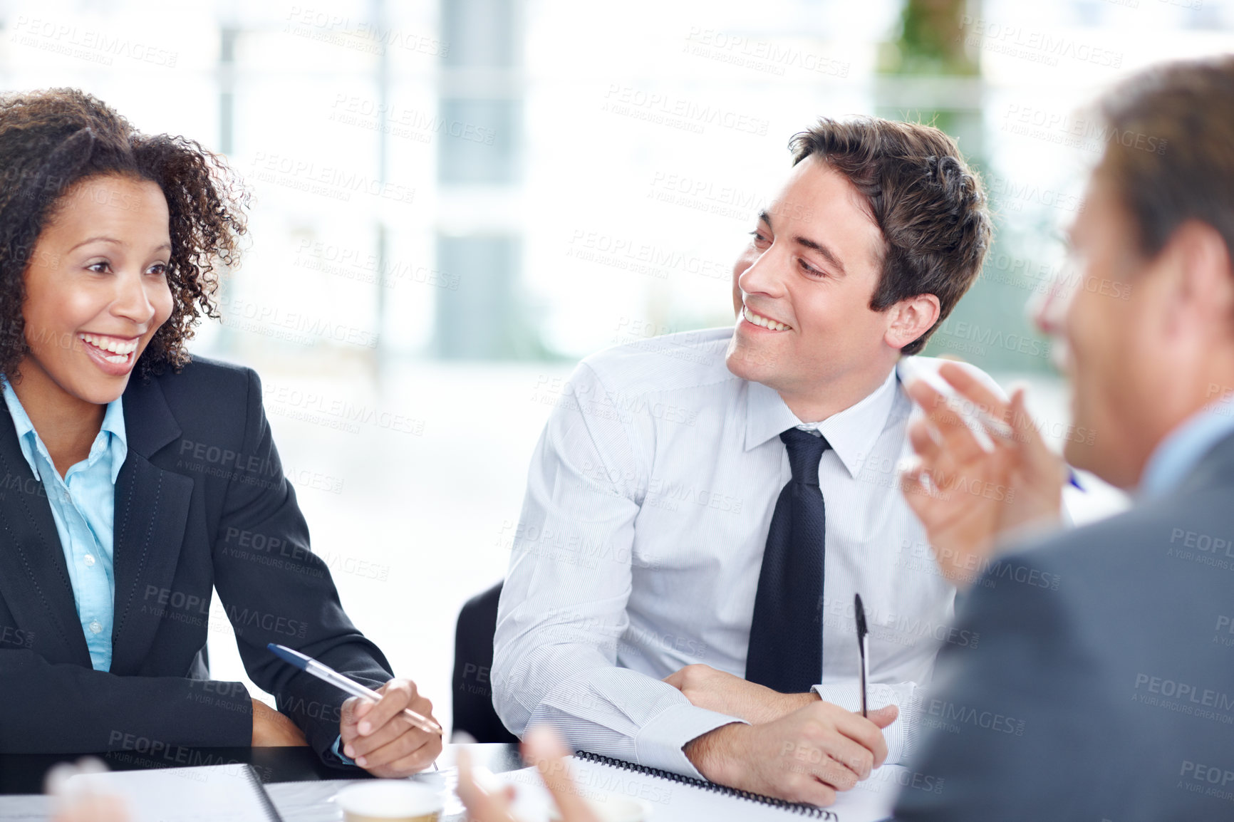 Buy stock photo Teamwork, meeting and happy business people planning, brainstorming and laughing at funny joke. Group, project manager and discussion for ideas, insurance and risk management in corporate office