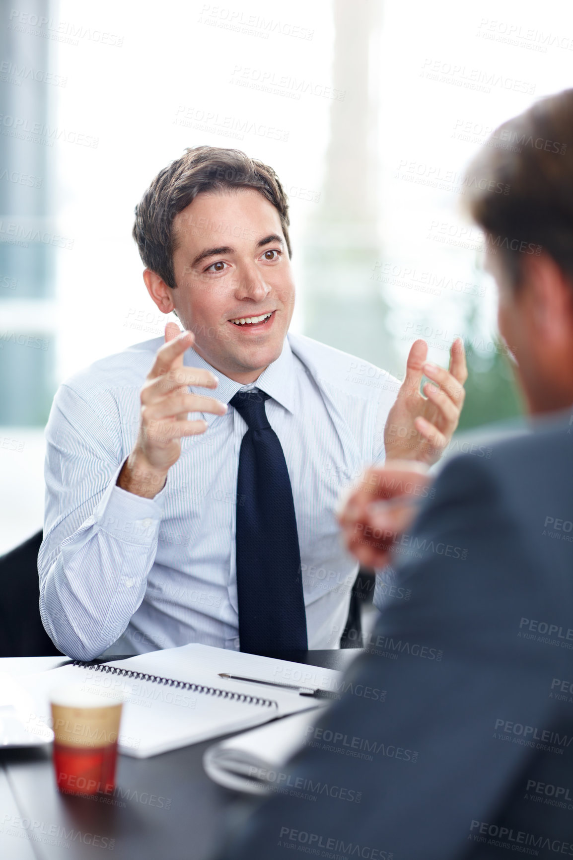 Buy stock photo Businessmen, discussion and meeting with proposal for interview, business opportunity or idea at office. Happy man, employees or colleagues with explanation for career growth, development or advice