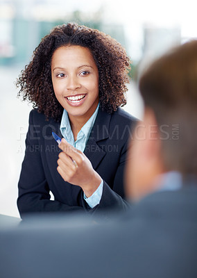 Buy stock photo Happy woman, meeting and business people in discussion, planning or problem solving. Teamwork, smile and manager brainstorming ideas, finance solution or listen for sales update in corporate office