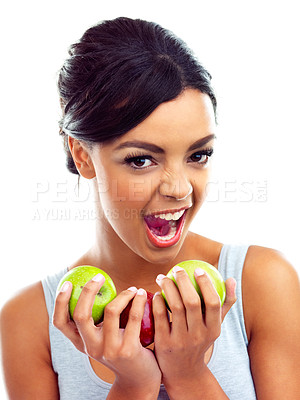 Buy stock photo Portrait, excited and woman with apple, nutrition and sustainable eating to lose weight in studio. Fruit, face and girl with fresh food for detox diet, vitamins and gut health on white background.