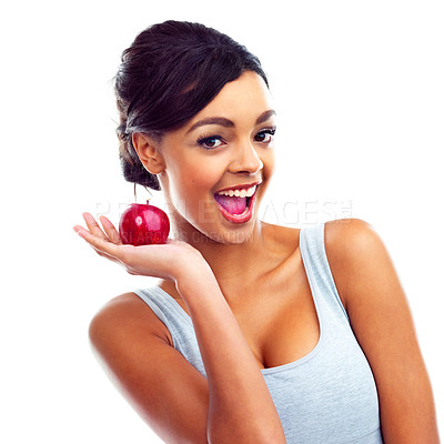 Buy stock photo Woman, portrait and apple in studio with smile for organic diet, wellness and natural food. Nutritionist, detox and fruit on isolated white background with mockup for nutrition, health and benefits