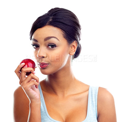 Buy stock photo Woman, portrait and apple in studio with detox for organic diet, wellness and natural food. Vegetarian, balance and fruit on isolated white background with mockup for nutrition, health and benefits