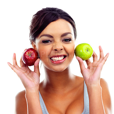 Buy stock photo Woman, portrait and apples in studio for health, wellness and natural diet with detox. Vegetarian, balance and fruit on isolated white background with mockup for organic food, nutrition and benefits
