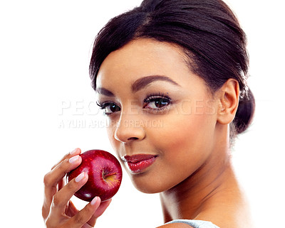 Buy stock photo Woman, portrait and apples for wellness, health and natural diet with detox in studio. Nutritionist, balance and fruit on white background with mockup for organic food, nutrition and benefits