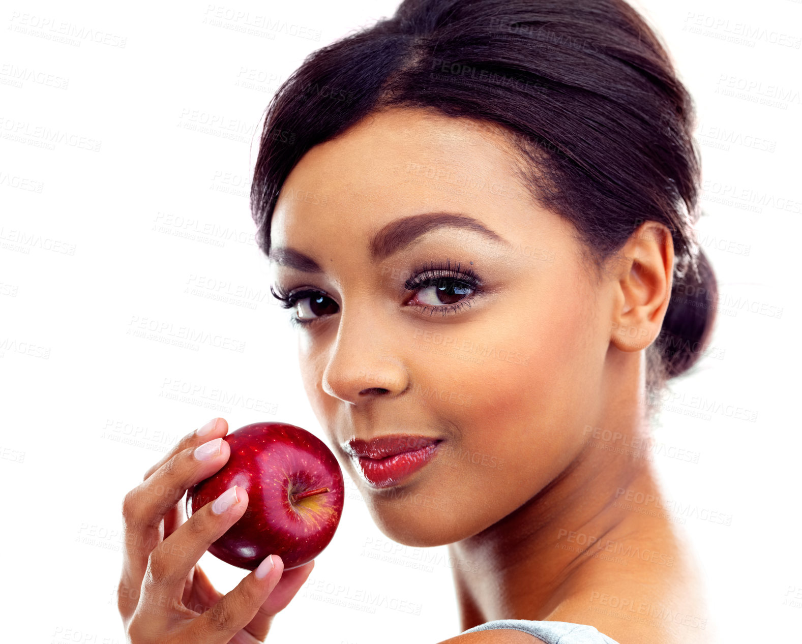 Buy stock photo Woman, portrait and apples for wellness, health and natural diet with detox in studio. Nutritionist, balance and fruit on white background with mockup for organic food, nutrition and benefits