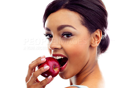 Buy stock photo Woman, portrait and apples for healthy diet, wellness and natural eating with detox in studio. Vegetarian, balance and fruit on white background with mockup for organic food, nutrition and benefits