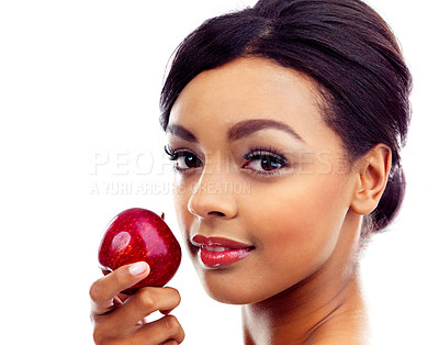 Buy stock photo Beauty, apple and portrait of woman in studio with organic, fresh and natural snack for face. Cosmetic, glow and female person with fruit for facial cosmetology routine isolated by white background