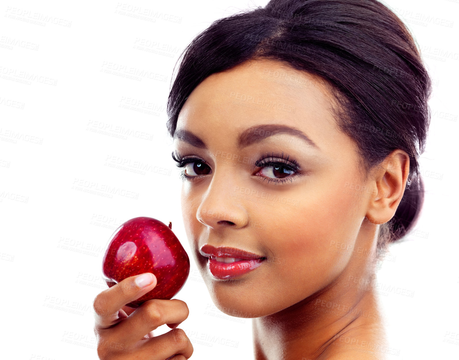 Buy stock photo Beauty, apple and portrait of woman in studio with organic, fresh and natural snack for face. Cosmetic, glow and female person with fruit for facial cosmetology routine isolated by white background