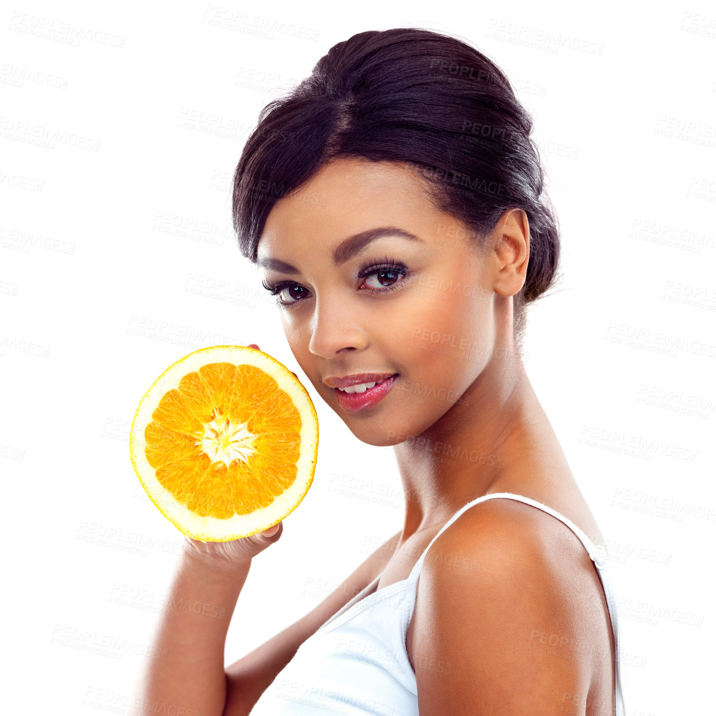 Buy stock photo Portrait, diet and woman with orange, nutrition and sustainable eating to lose weight in studio. Citrus fruit, face and girl with fresh food for detox, vitamin c and gut health on white background.