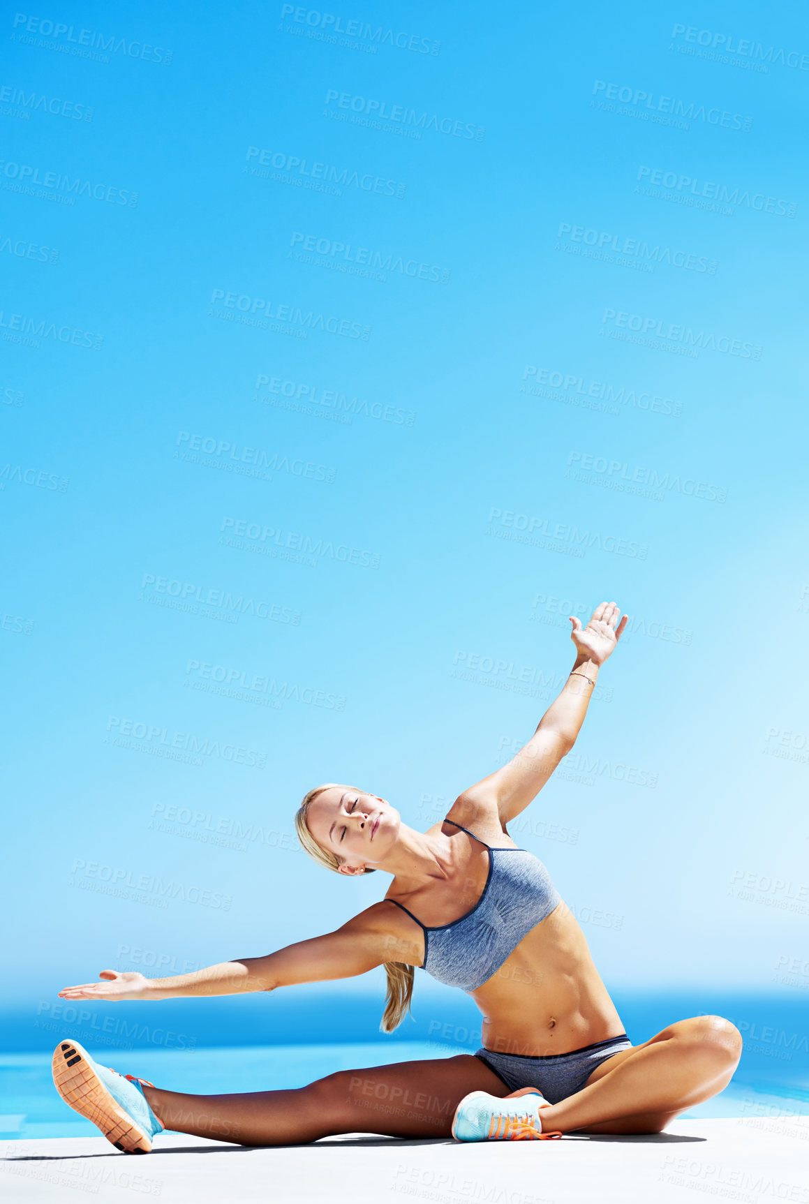 Buy stock photo Blue sky, woman and freedom for stretching with fitness, increase flexibility and prepare for training. Mockup space, female person and exercise with warm up for wellness, arms and challenge by pool