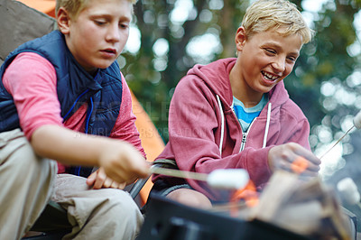 Buy stock photo Cropped shot of two young boys cooking marshmallows over the campfire