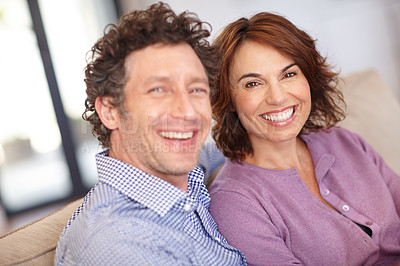 Buy stock photo Portrait of a happy couple at home