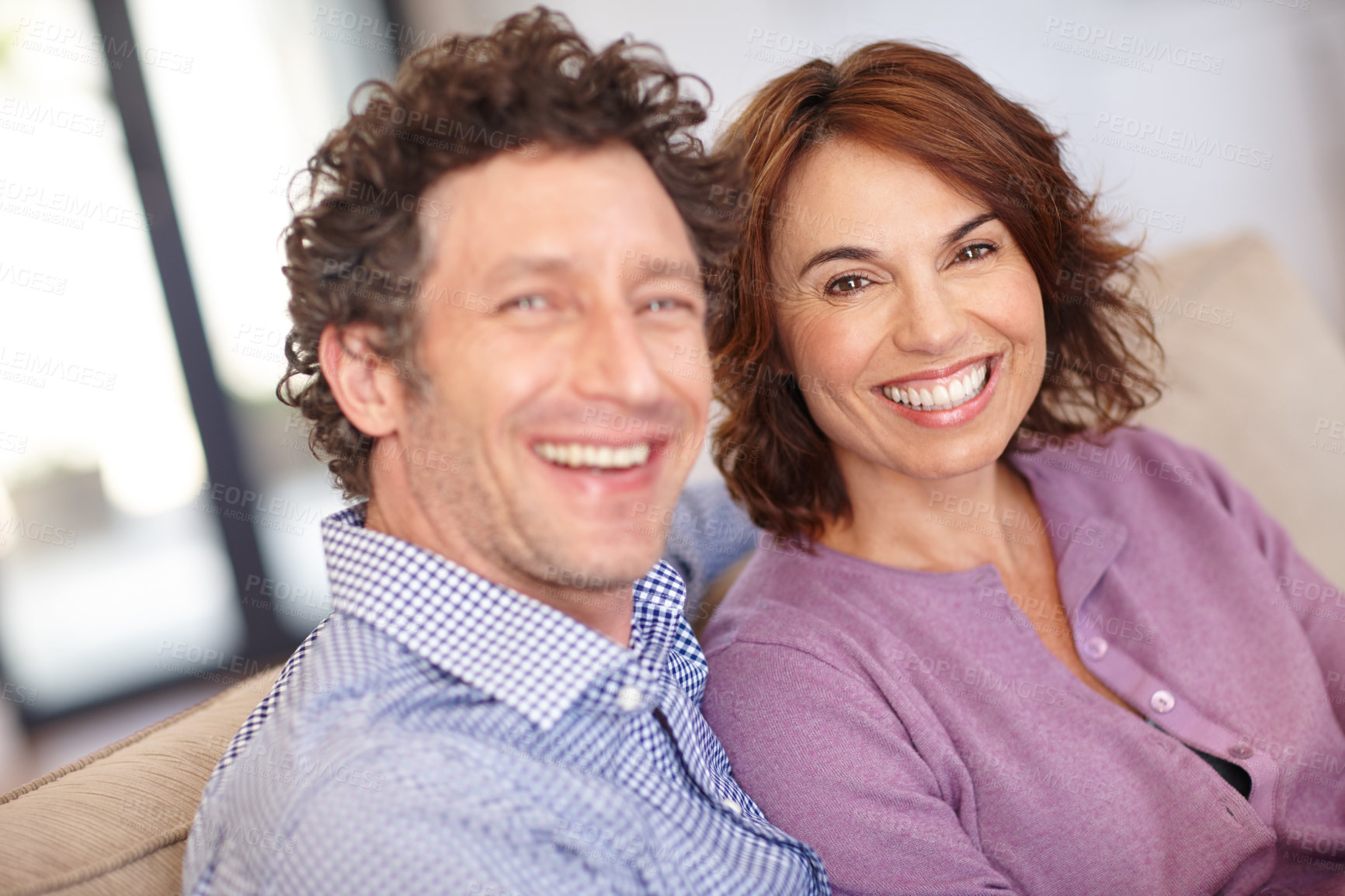 Buy stock photo Portrait of a happy couple at home