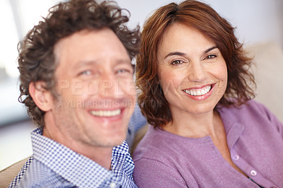 Buy stock photo Portrait of a happy couple at home