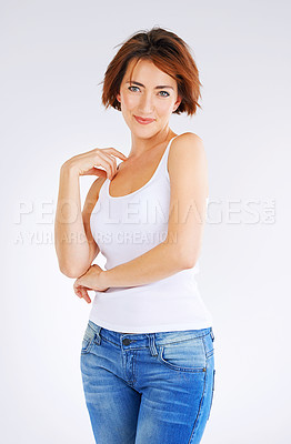 Buy stock photo Portrait, smile and woman in studio for fashion, pride and happiness by white background. Millennial female person, confidence and informal for style, outfit and casual on backdrop for summer sale