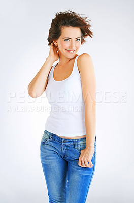 Buy stock photo Portrait, woman and tank top for fashion in studio with mockup space, casual outfit and pride by white background. Confident, female model or edgy with cool style, attitude or trendy by backdrop