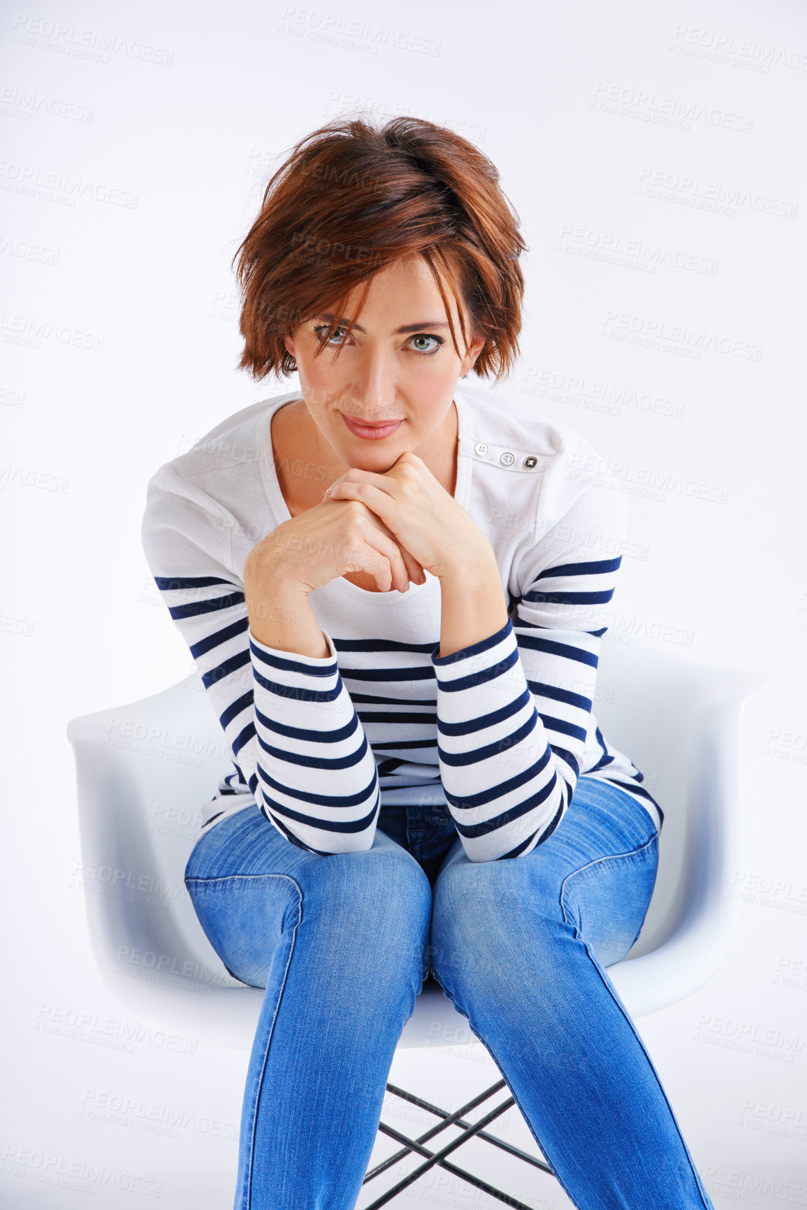 Buy stock photo Chair, calm and portrait of woman in studio for fashion or sweater style, trendy outfit or jeans by white background. Smile, relax and model for happiness, confidence or comfortable clothes on mockup