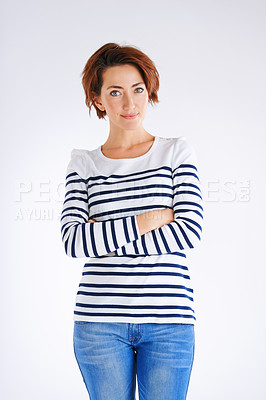 Buy stock photo Woman, studio and fashion with crossed arms or happy, confident and proud mature model in comfort clothes. Trendy, capsule wardrobe and stylish outfit, portrait and isolated on white background