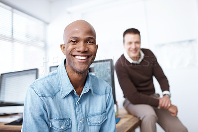 Buy stock photo Portrait, smile and web development with designer people in creative workplace for computer programming. Agency, collaboration and face of business man with colleague in office for graphic design