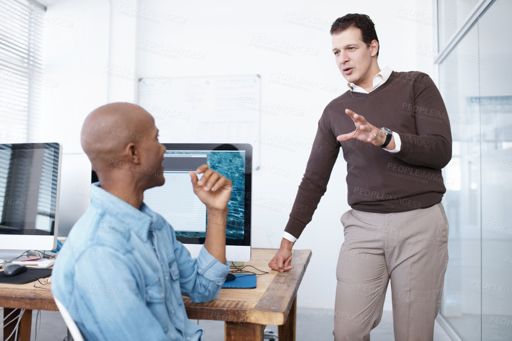 Buy stock photo Business, men and discussion for web development in office, programming advice and design feedback. People, communication and computer screen of creative proposal, maintenance solution and IT project