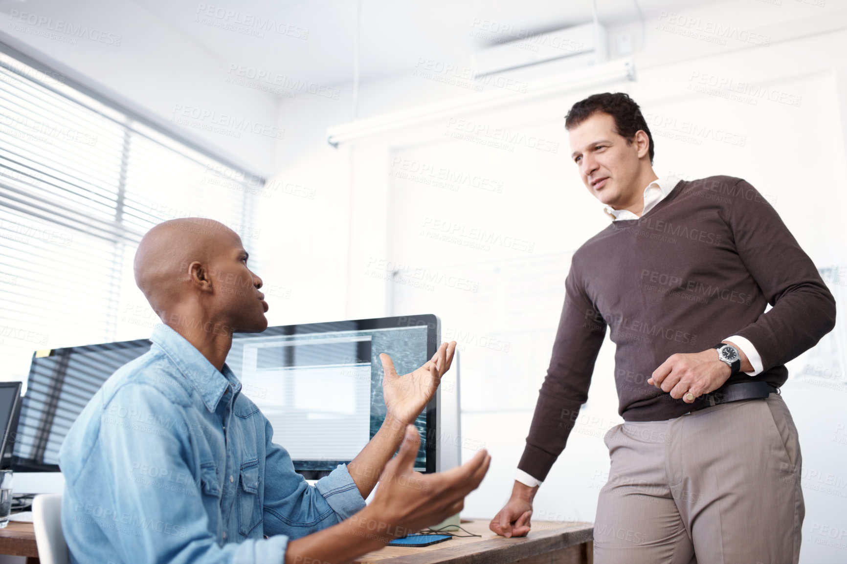 Buy stock photo Business, men and talking for web development in office, programming advice and design feedback. People, communication and computer screen of creative proposal, maintenance solution and IT project