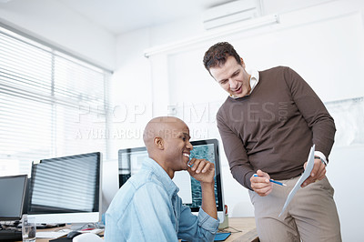 Buy stock photo Business, men and documents for web development in office, programming advice and design feedback. People, communication and computer screen with creative proposal, maintenance report and IT project